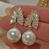 Baroque Style Copper Imitation Pearl Earrings With Wheat Zircon And Flowers Leaves Pattern For Women