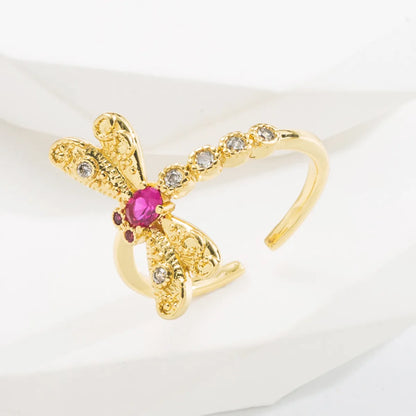 Baroque Style Dragonfly Copper Plating Inlay Zircon Gold Plated Open Ring