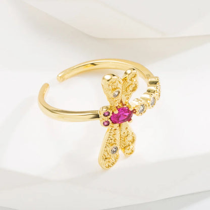 Baroque Style Dragonfly Copper Plating Inlay Zircon Gold Plated Open Ring