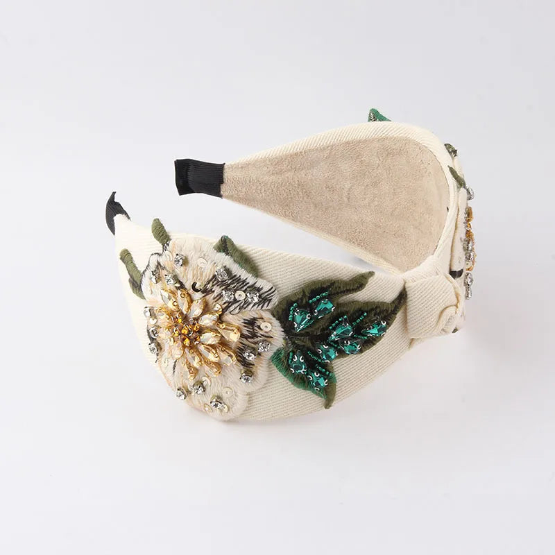 Baroque Style Flower Cloth Inlay Rhinestone Hair Band