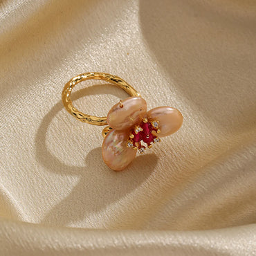 Baroque Style Flower Copper Plating Metal Inlay Artificial Crystal Freshwater Pearl 18k Gold Plated Open Rings