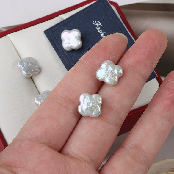 Baroque Style Freshwater Pearl 925 Silver Needle Four Leaf Clover Earrings For Women