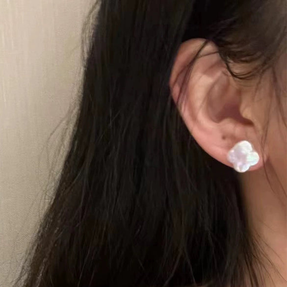 Baroque Style Freshwater Pearl 925 Silver Needle Four Leaf Clover Earrings For Women