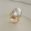 Baroque Style Metal Imitation Pearl Pleated Flower Ring For Women With Electroplating