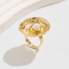 Baroque Style Metal Imitation Pearl Pleated Flower Ring For Women With Electroplating