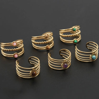 Baroque Style Modern Style Round Stainless Steel Plating Hollow Out Inlay Natural Stone Gold Plated Open Ring