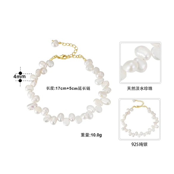 Baroque Style Simple Style Geometric Solid Color Sterling Silver Plating Inlay Freshwater Pearl Pearl 14k Gold Plated Bracelets