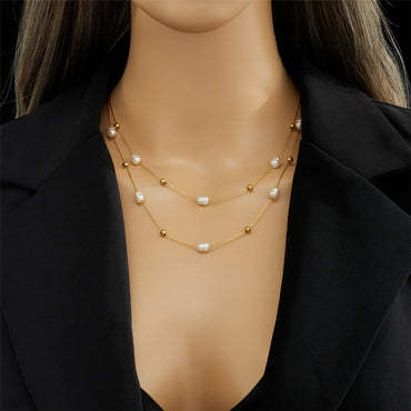 Baroque Style Solid Color Imitation Pearl Titanium Steel Beaded Plating 18k Gold Plated Layered Necklaces