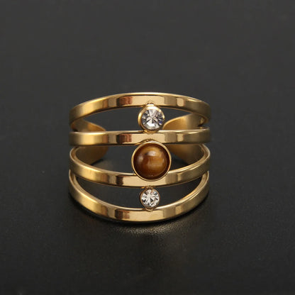 Baroque Style Solid Color Stainless Steel Plating Inlay Natural Stone Gold Plated Open Rings