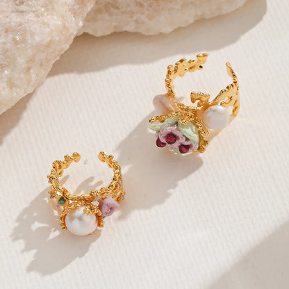 Baroque Style Vacation Flower Copper Plating Hollow Out Inlay Freshwater Pearl Zircon 18k Gold Plated Open Rings