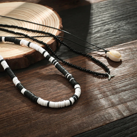 Basic Bohemian Geometric Seed Bead Shell Soft Clay Beaded Men'S Three Layer Necklace