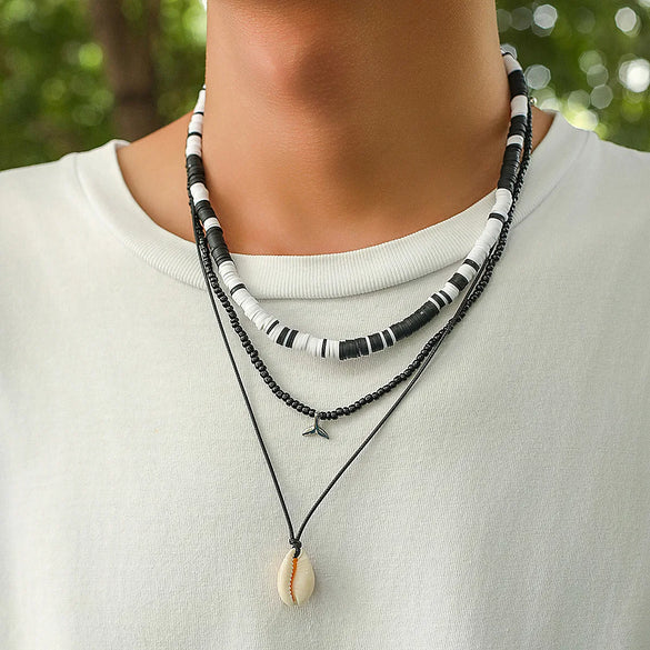 Basic Bohemian Geometric Seed Bead Shell Soft Clay Beaded Men'S Three Layer Necklace