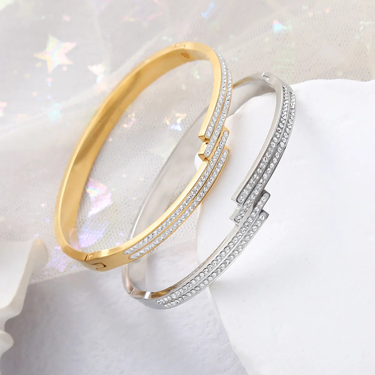 Basic Classic Style Commute Geometric Stainless Steel Asymmetrical Inlay Zircon Bangle