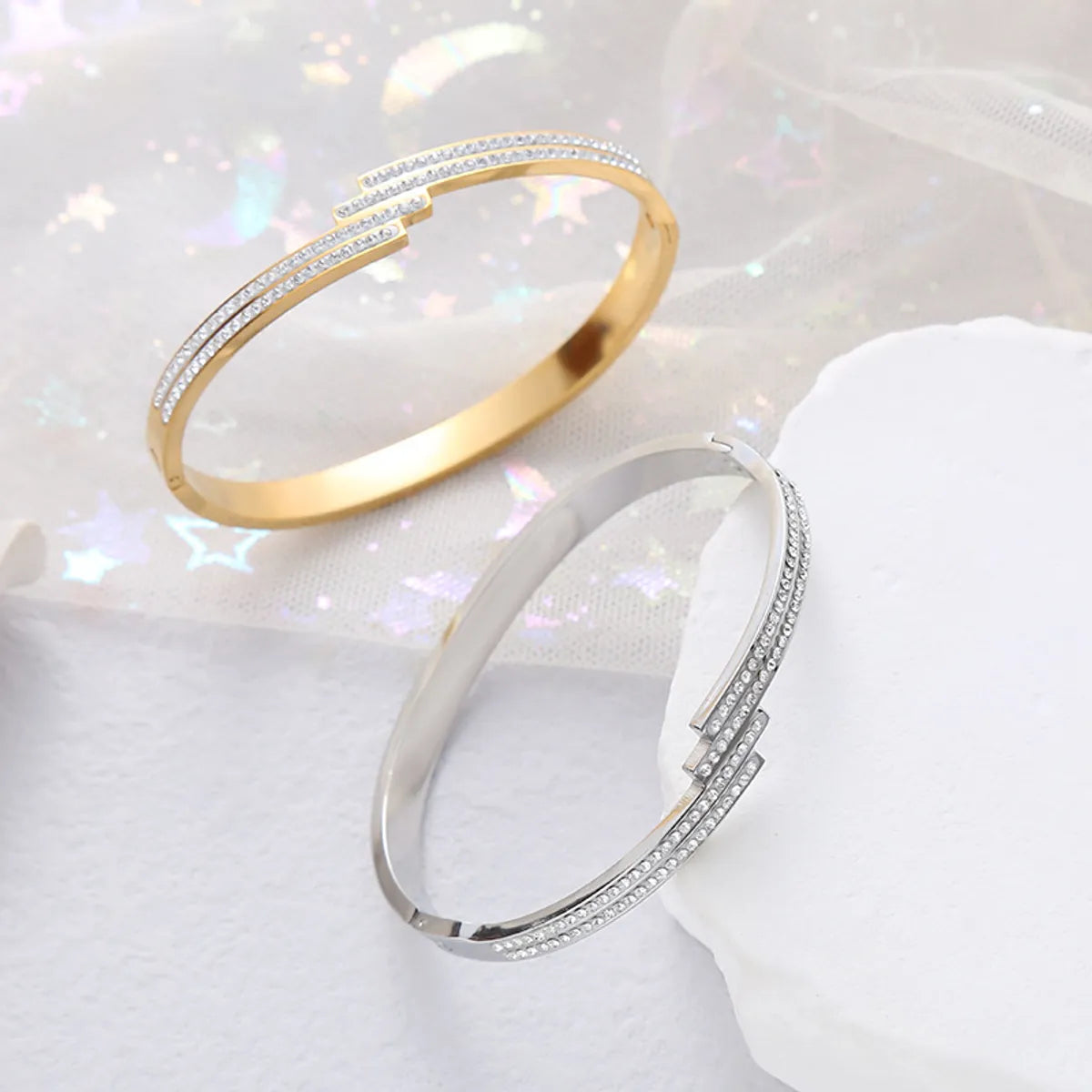 Basic Classic Style Commute Geometric Stainless Steel Asymmetrical Inlay Zircon Bangle