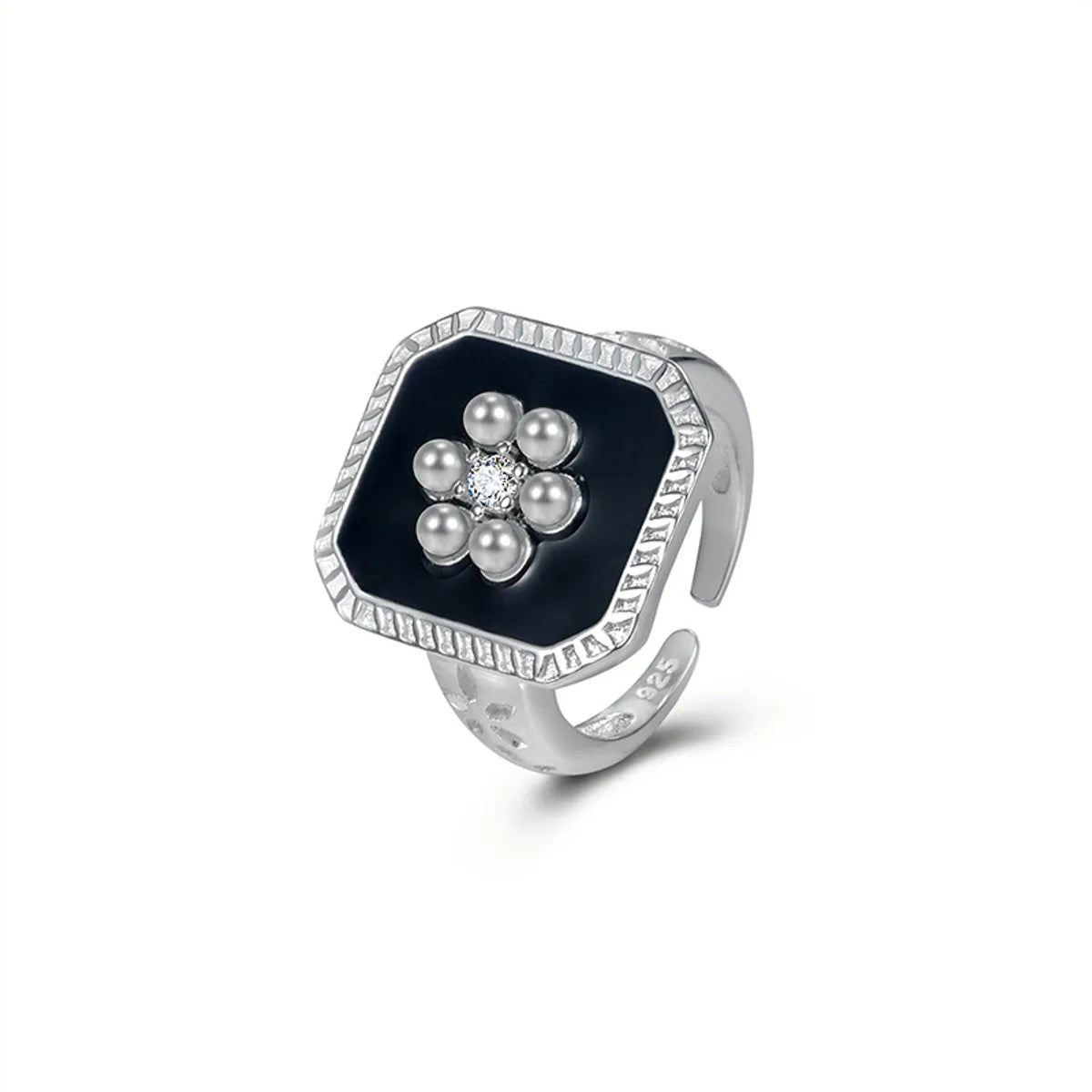 Basic Classic Style Flower Sterling Silver Inlay Artificial Pearls Rhinestones Open Rings