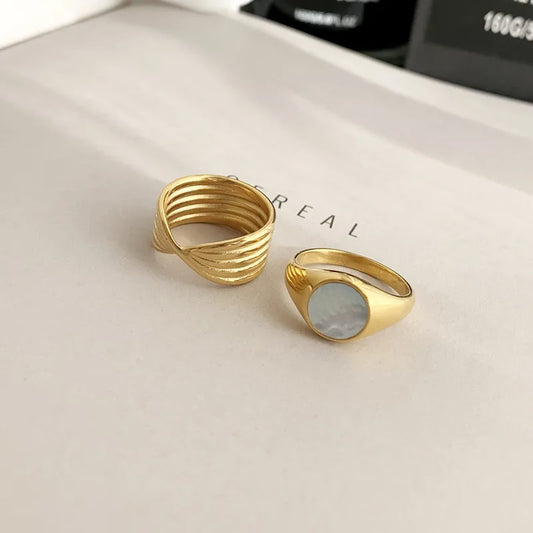 Basic Classic Style Geometric Titanium Steel Plating Inlay Shell 18k Gold Plated Rings