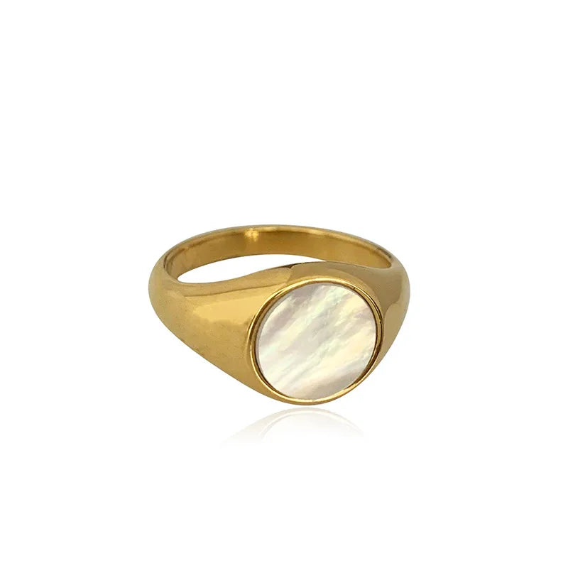 Basic Classic Style Geometric Titanium Steel Plating Inlay Shell 18k Gold Plated Rings