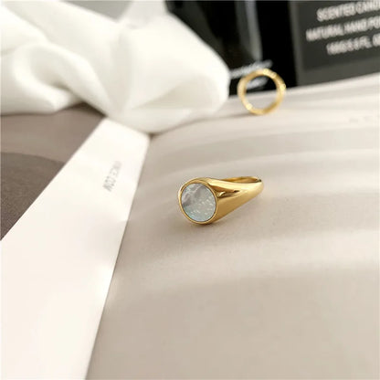 Basic Classic Style Geometric Titanium Steel Plating Inlay Shell 18k Gold Plated Rings