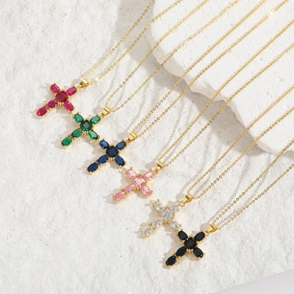 Basic Cross Copper Irregular Plating Inlay Zircon 14k Gold Plated Necklace