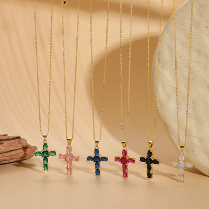 Basic Cross Copper Irregular Plating Inlay Zircon 14k Gold Plated Necklace