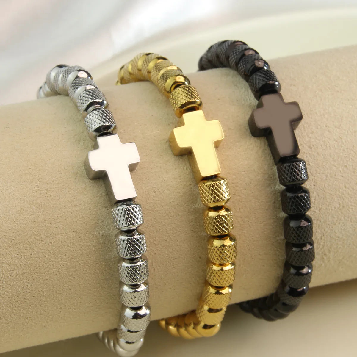 Basic Cross 304 Stainless Steel Beaded Plating Braid 18K Gold Plated Unisex Bracelets