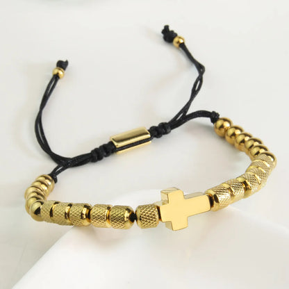 Basic Cross 304 Stainless Steel Beaded Plating Braid 18K Gold Plated Unisex Bracelets