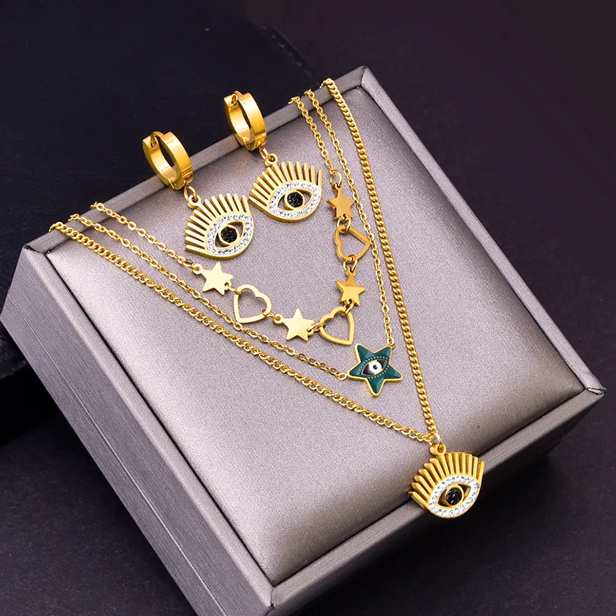 304 Stainless Steel 18K Gold Plated Basic Plating Devil'S Eye Star Rhinestones Jewelry Set