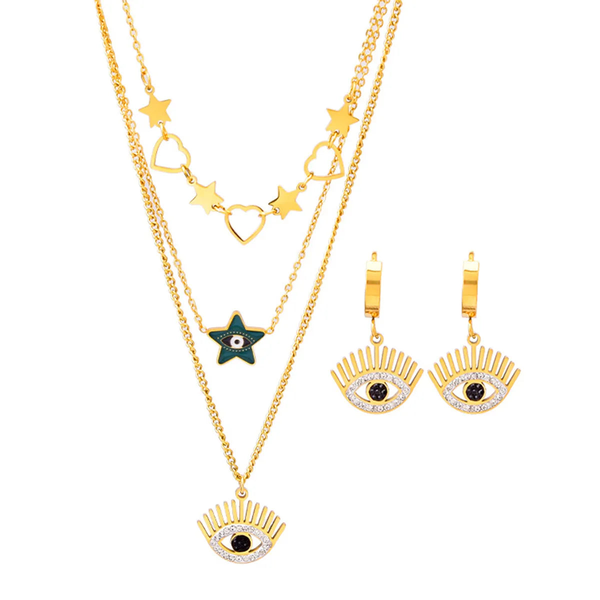 304 Stainless Steel 18K Gold Plated Basic Plating Devil'S Eye Star Rhinestones Jewelry Set