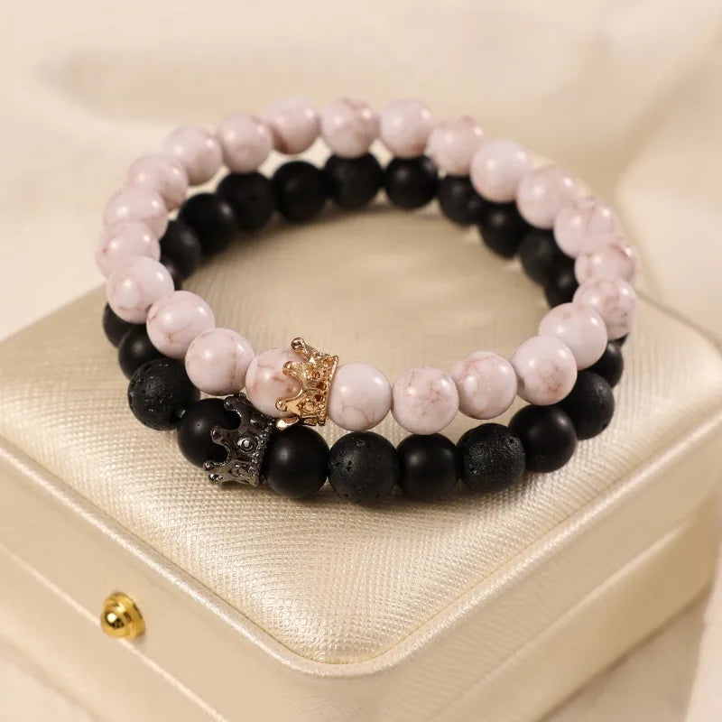 Basic Ethnic Style Modern Style Round Crown Arylic Volcanic Rock Glass Beaded Unisex Bracelets