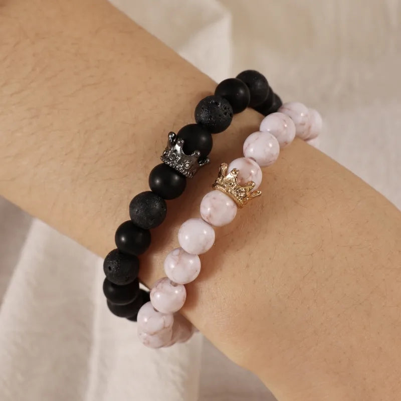 Basic Ethnic Style Modern Style Round Crown Arylic Volcanic Rock Glass Beaded Unisex Bracelets