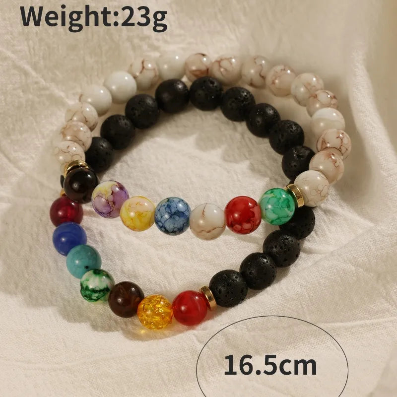 Basic Ethnic Style Modern Style Round Crown Arylic Volcanic Rock Glass Beaded Unisex Bracelets