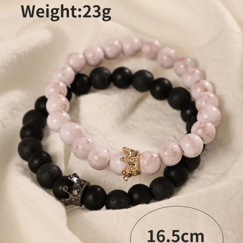 Basic Ethnic Style Modern Style Round Crown Arylic Volcanic Rock Glass Beaded Unisex Bracelets