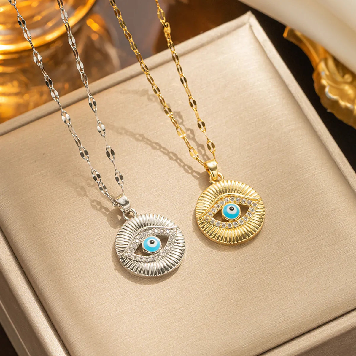 Basic Eye Titanium Steel Enamel Plating Inlay Zircon 18k Gold Plated Necklace