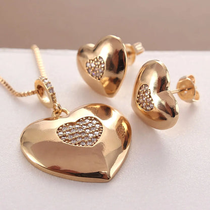 Basic Heart Shape Copper Plating Inlay Zircon Gold Plated Jewelry Set