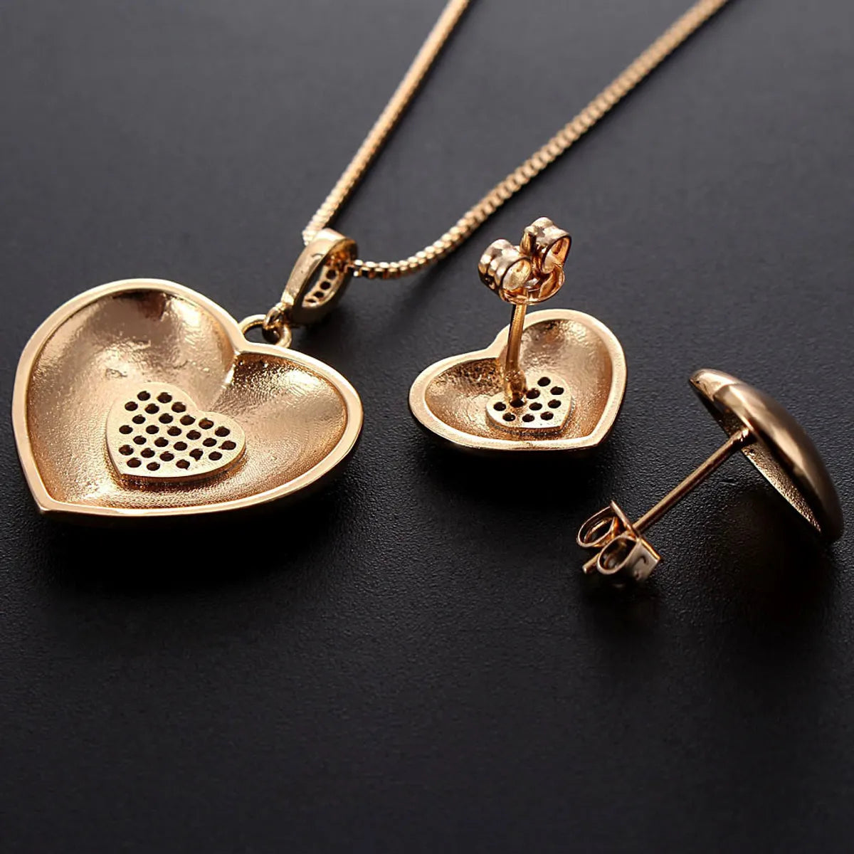 Basic Heart Shape Copper Plating Inlay Zircon Gold Plated Jewelry Set