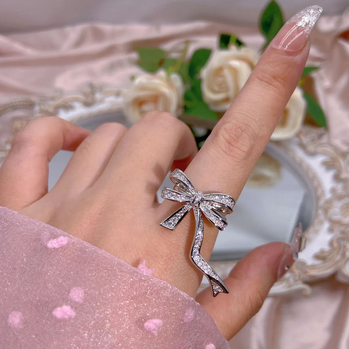 Basic Heart Shape Flower Bow Knot Copper Inlay Zircon Open Rings