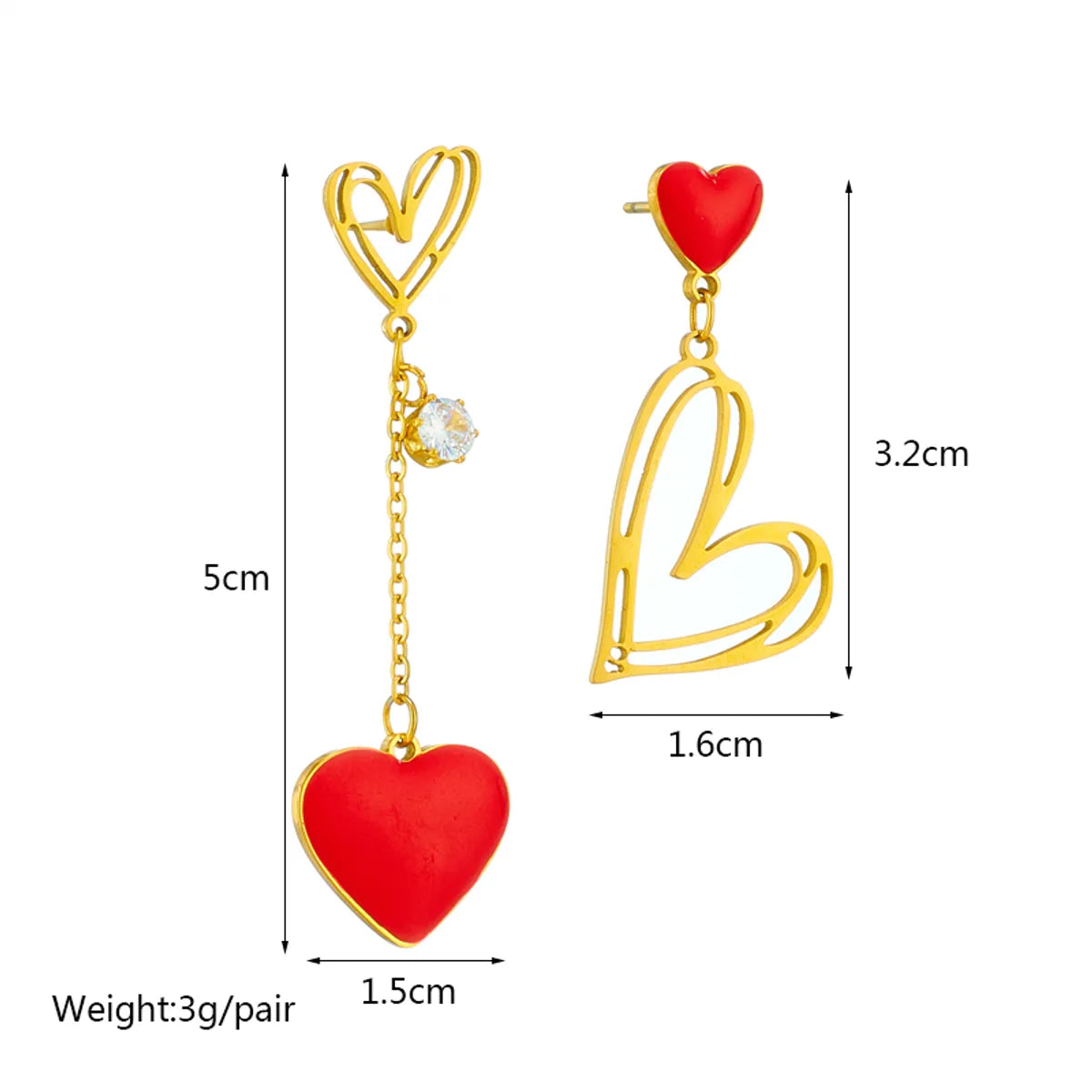 Basic Heart Shape Titanium Steel Asymmetrical Hollow Out Rhinestones Dangling Earrings 1 Pair