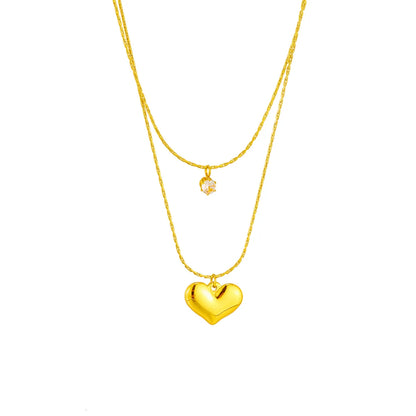 Basic Heart Shape Titanium Steel Gold Plated Rhinestones Layered Necklaces 1 Piece