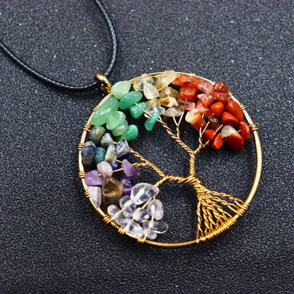 Basic Lucky Tree Pu Leather Natural Stone Pendant Necklace In Bulk