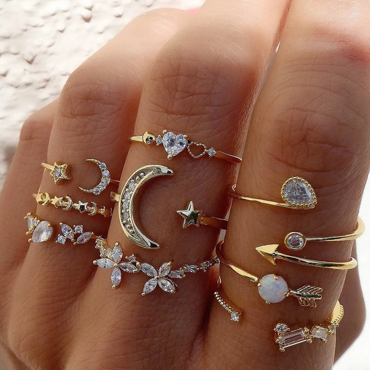 Basic Modern Style Classic Style Geometric Star Moon Alloy Water Ripples Plating Inlay Rhinestones Women's Open Rings Rings