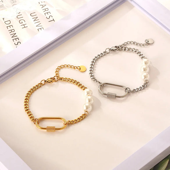 Wholesale Jewelry Basic Modern Style Geometric 304 Stainless Steel Imitation Pearl 18K Gold Plated Plating Bracelets