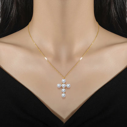 Titanium Steel Basic Modern Style Korean Style Inlay Cross Artificial Pearls Pendant Necklace