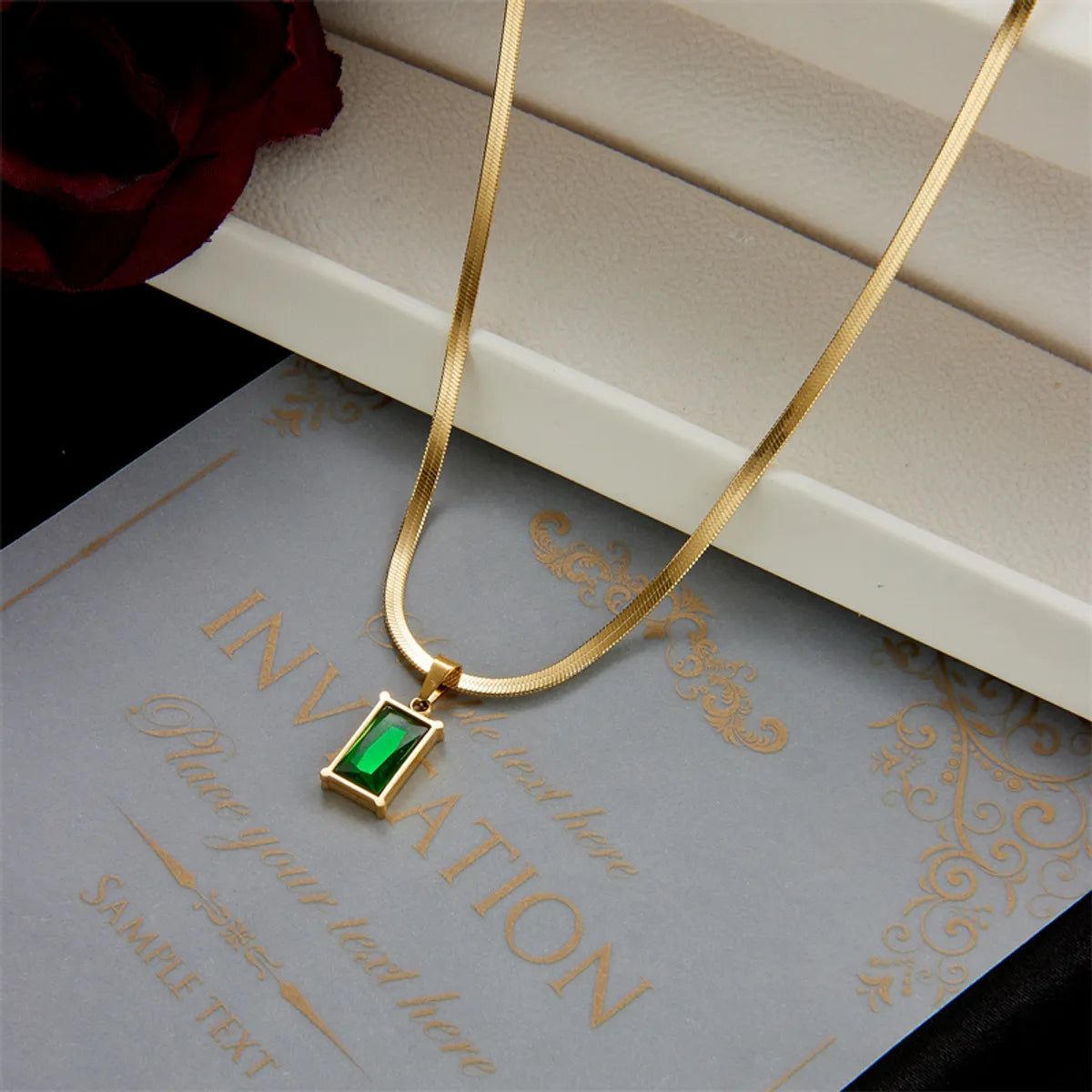 Basic Rectangle Titanium Steel Gold Plated Rhinestones Gold Plated Pendant Necklace