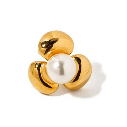 Basic Retro Flower Stainless Steel Artificial Pearl Plating 18k Gold Plated Rings