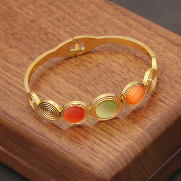 Basic Retro Modern Style Geometric Stainless Steel Plating Inlay Opal Bangle