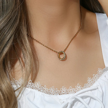 Basic Round Stainless Steel Inlaid Zircon Gold Plated Necklace