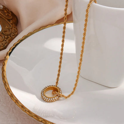 Basic Round Stainless Steel Inlaid Zircon Gold Plated Necklace