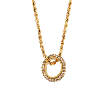 Basic Round Stainless Steel Inlaid Zircon Gold Plated Necklace