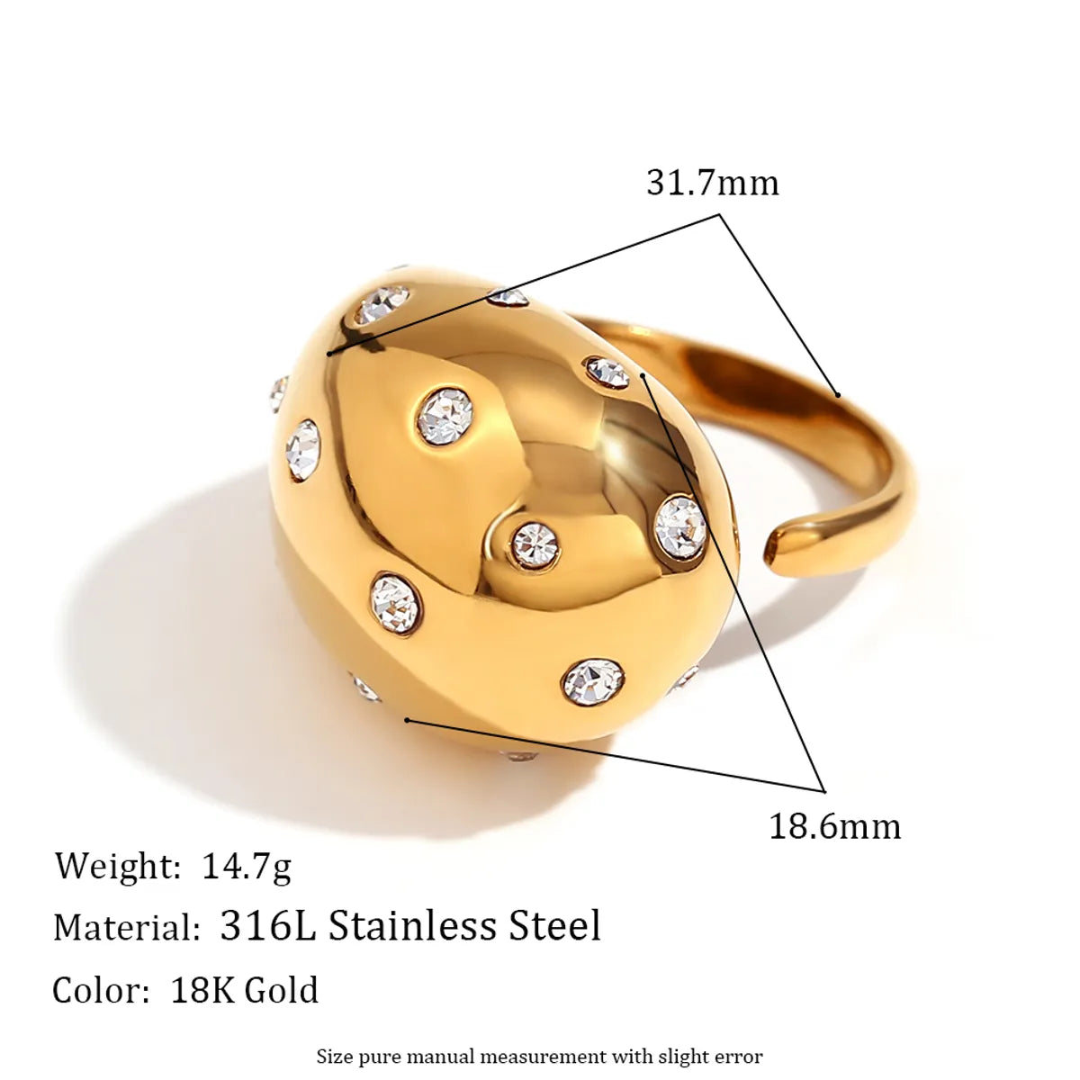 Basic Simple Style Classic Style Solid Color Stainless Steel Plating Inlay Rhinestones 18k Gold Plated Open Rings