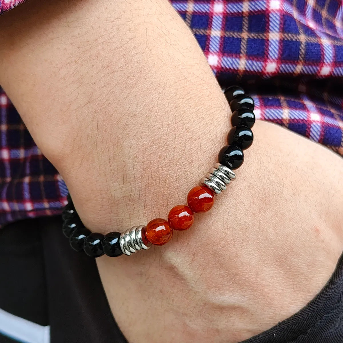 Basic Simple Style Round 304 Stainless Steel Natural Stone Obsidian Beaded Men'S Bracelets